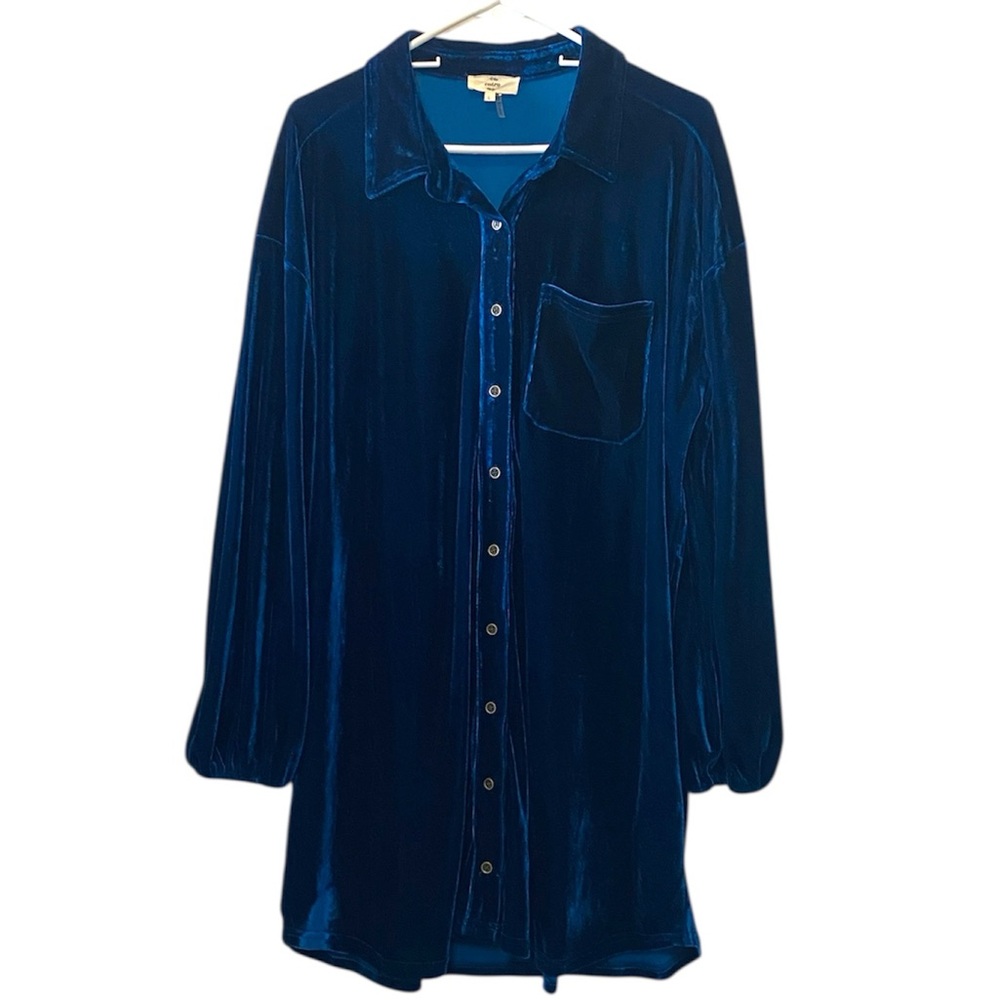 Entro Velvet Button Up Dress Women’s Large Blue Collared Long Sleeve Tunic Mini